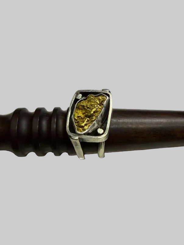 Men’s wedding ring, Sterling silver band with a 4 g gold nugget(Sonoran Desert, natural golden nugget)