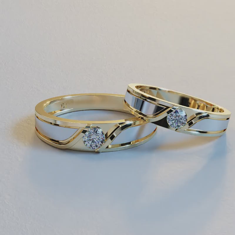 AVA VALORA - 925 Sterling Silver Two-Tone Couple Rings – Matching Wave Design Wedding Bands